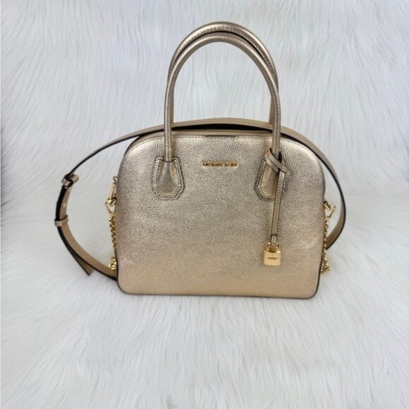 Michael Kors Mercer Metallic Gold Leather Dome Satchel Shoulder Crossbody Bag - Picture 5 of 17